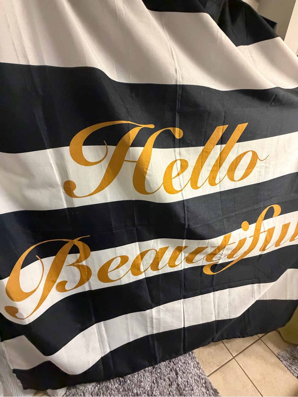 Striped Black and White Shower Curtain with Gold Script - Hello Beautiful
